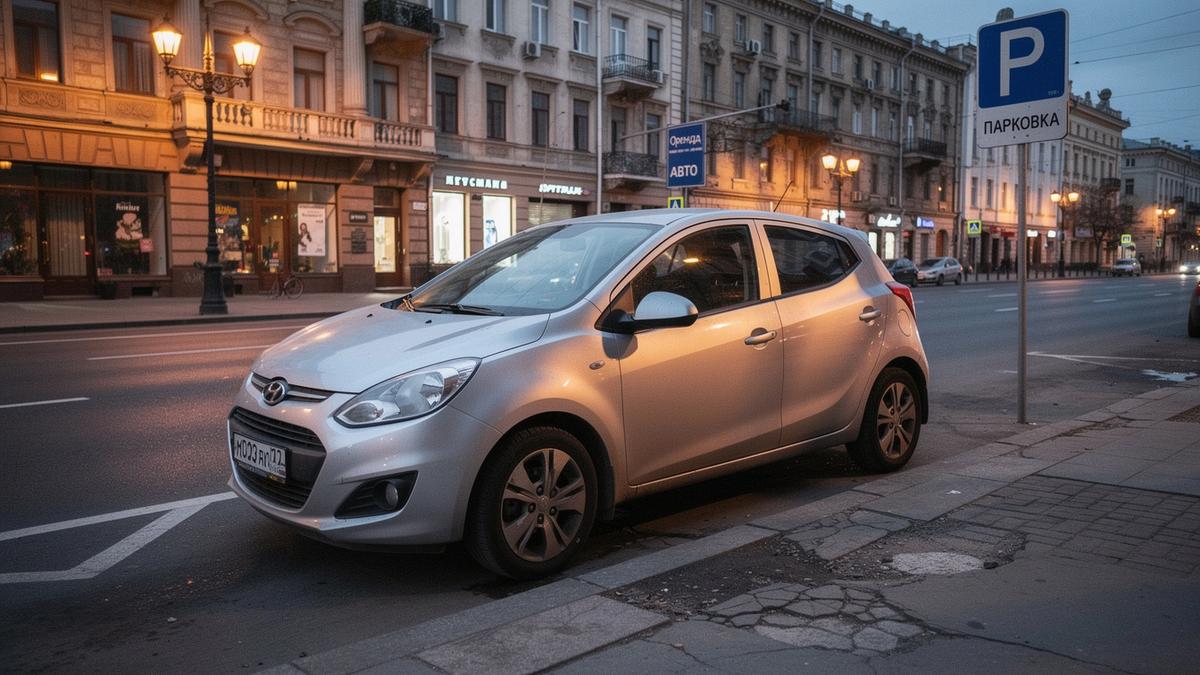 Compact city car parked at a rental hub on Khreshchatyk St in Kyiv at dusk